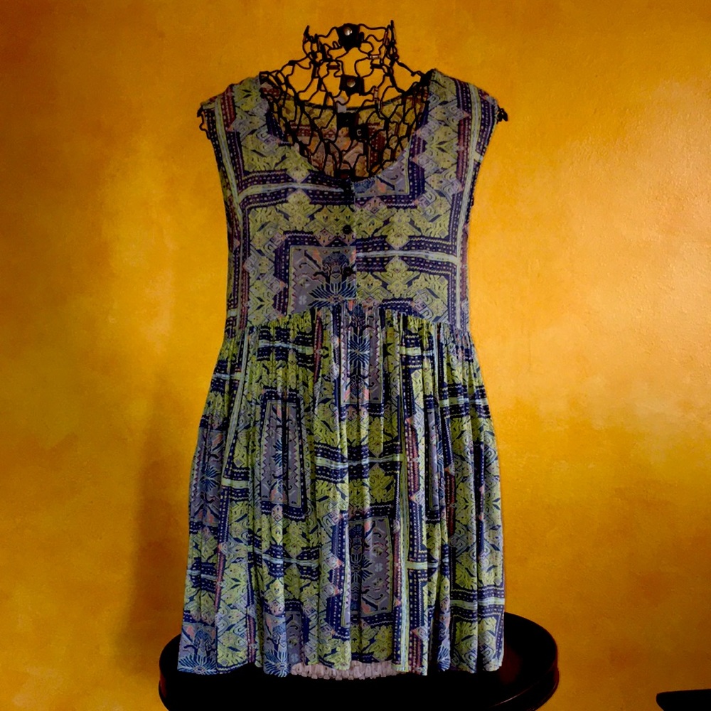 Free People Aztec Dress Lime Green & Dusky Blue